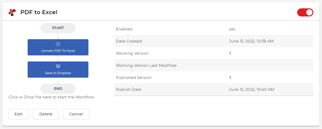 Interface de fluxo de trabalho PDF para Excel