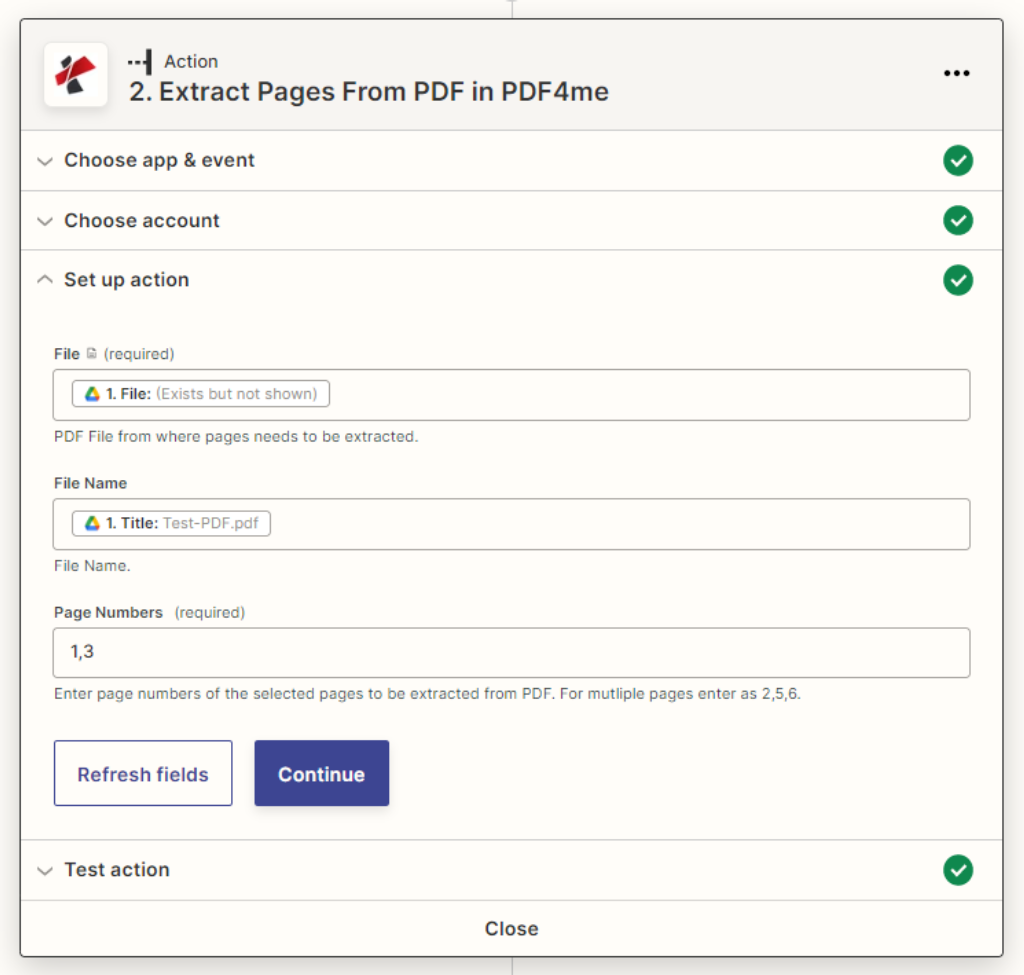 Extract pages from PDF action for Zapier