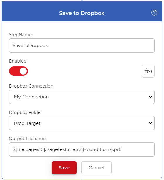 Save dropbox action with Regular expression