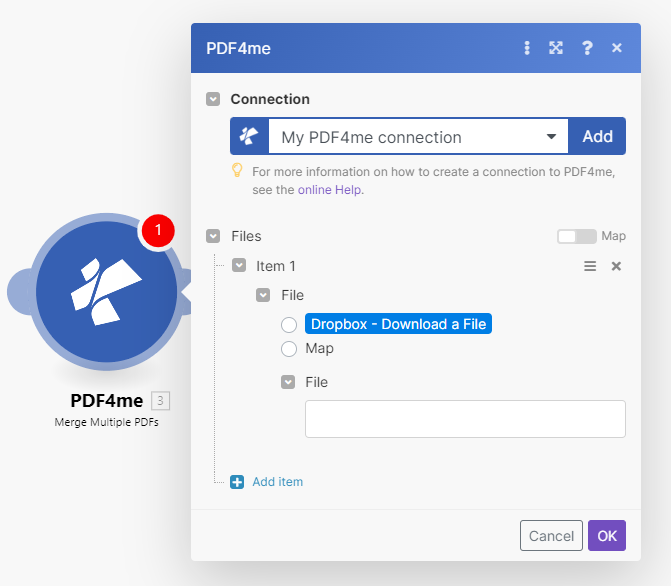 Unire più PDF Modulo d'azione PDF4me