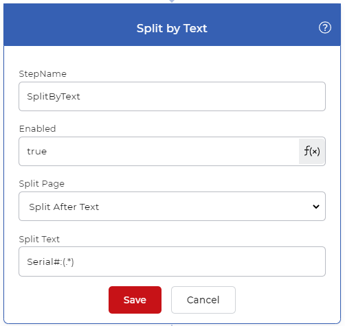 Configuração da acção Split by Text